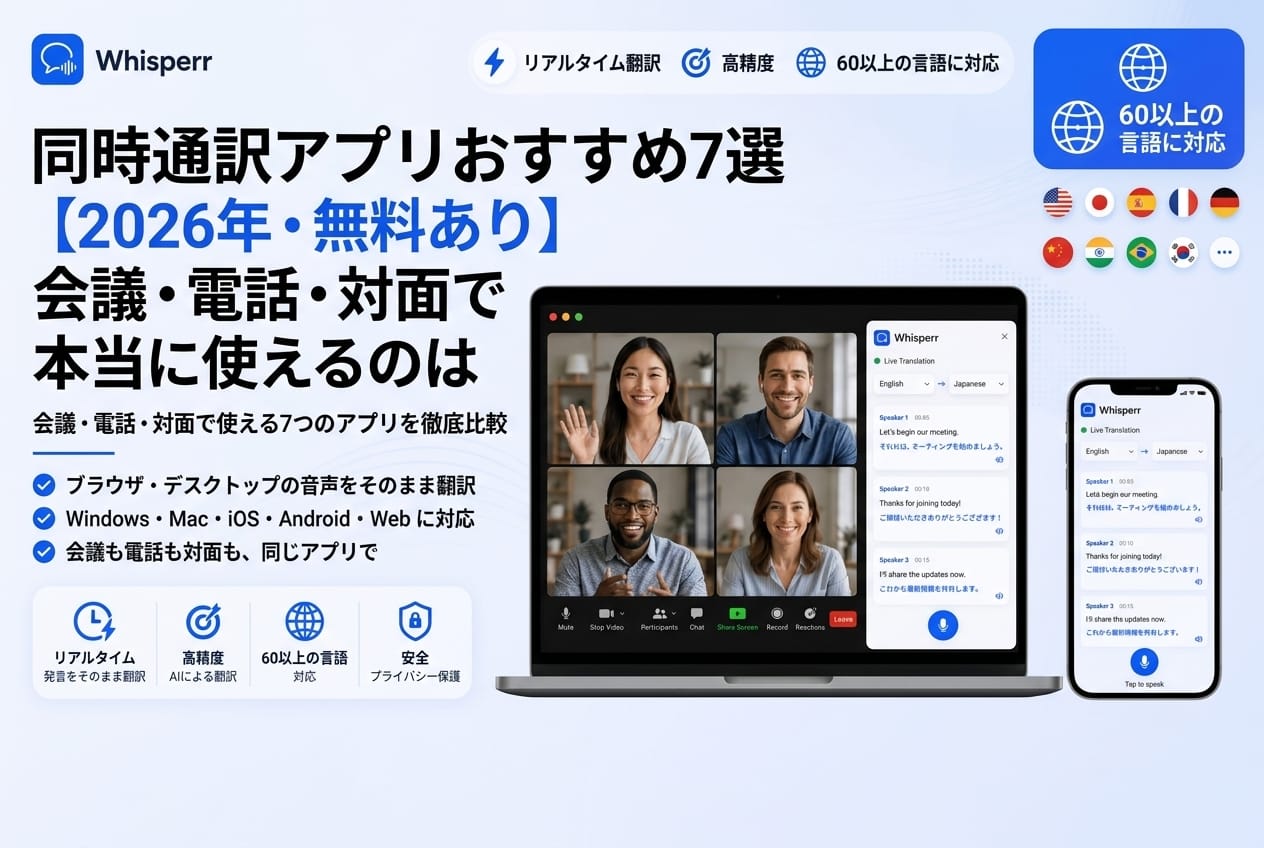 同時通訳アプリおすすめ7選【2026年・無料あり】会議・電話・対面で本当に使えるのは — Whisperrの画面とノートパソコン・スマートフォンでのリアルタイム翻訳デモを示すヒーロー画像