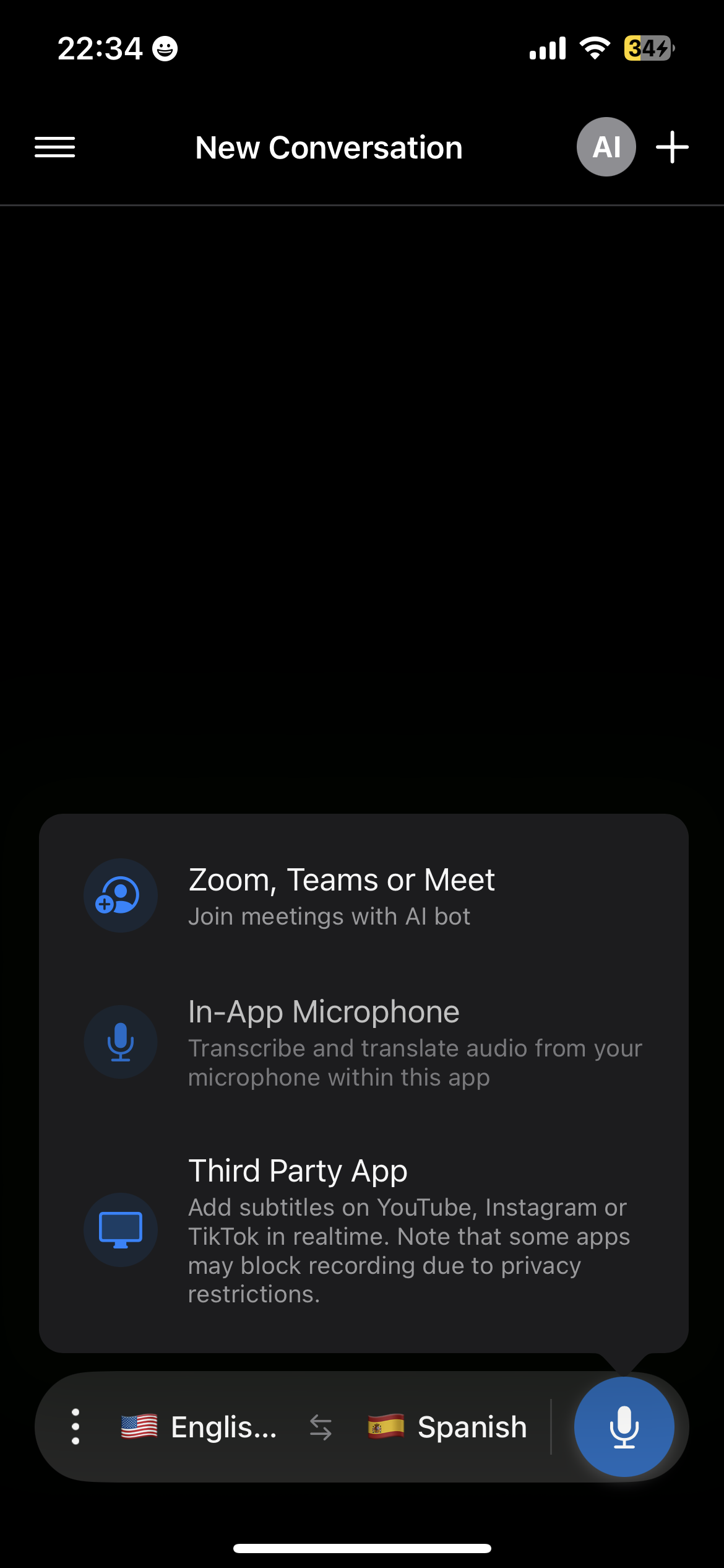 Spanish to English iPhone Tap Record Dark Mode.png