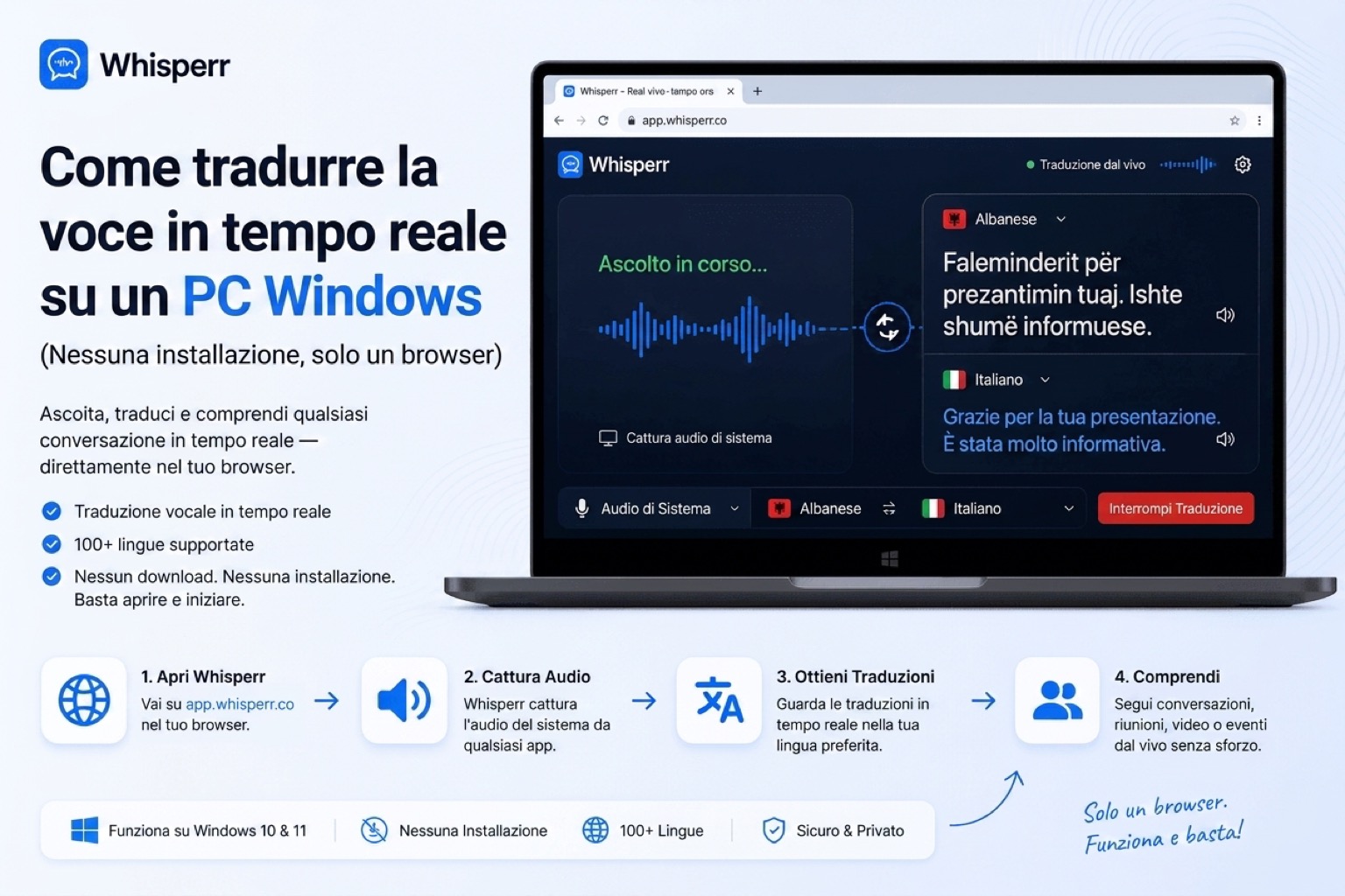 Come tradurre la voce in tempo reale su un PC Windows (senza installare nulla, solo il browser)