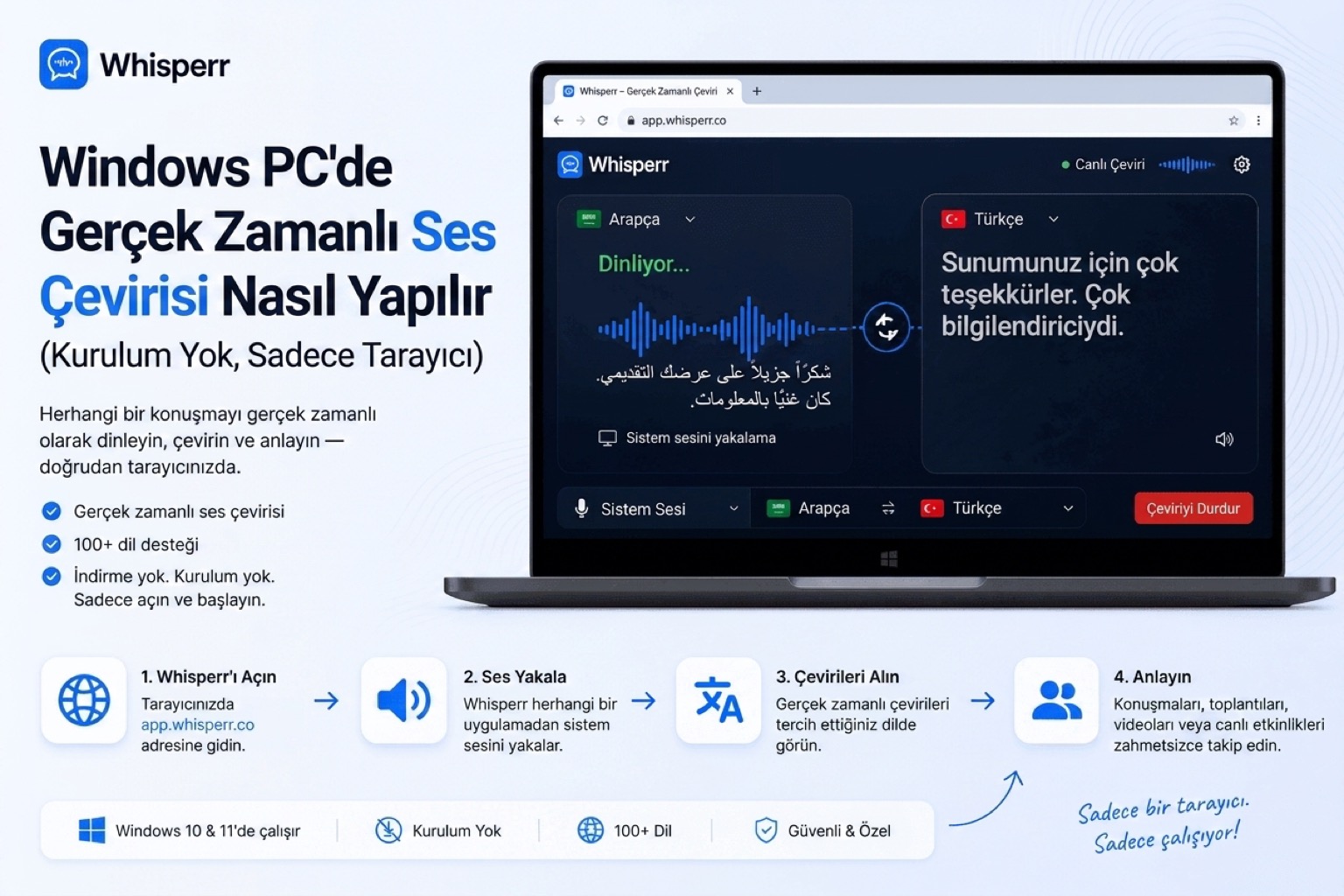 Windows PC'de Sesi Gerçek Zamanlı Nasıl Çevirirsiniz? (Kurulum Yok, Sadece Tarayıcı)