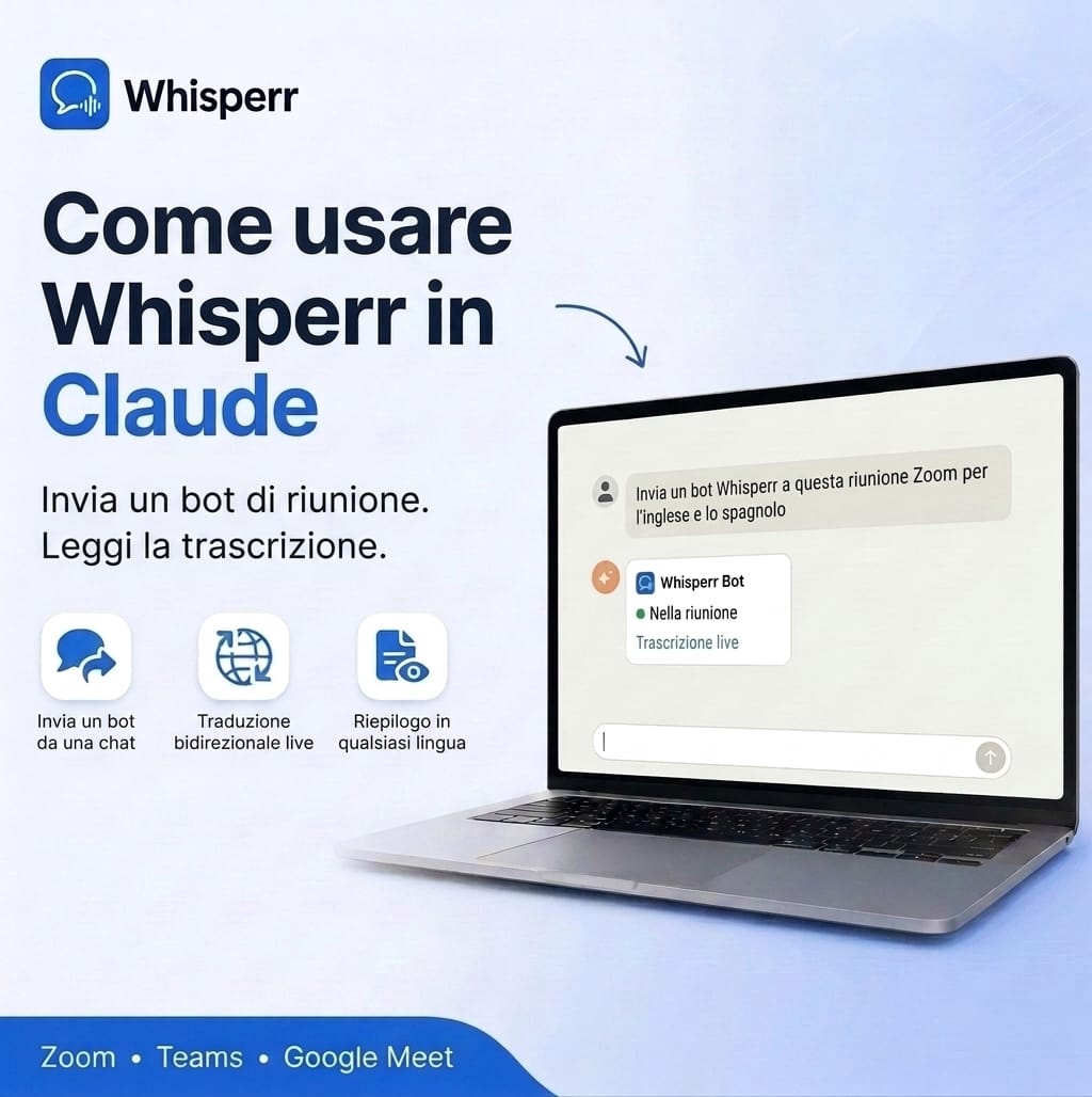 Come usare Whisperr in Claude: invia un bot per riunioni e leggi le trascrizioni