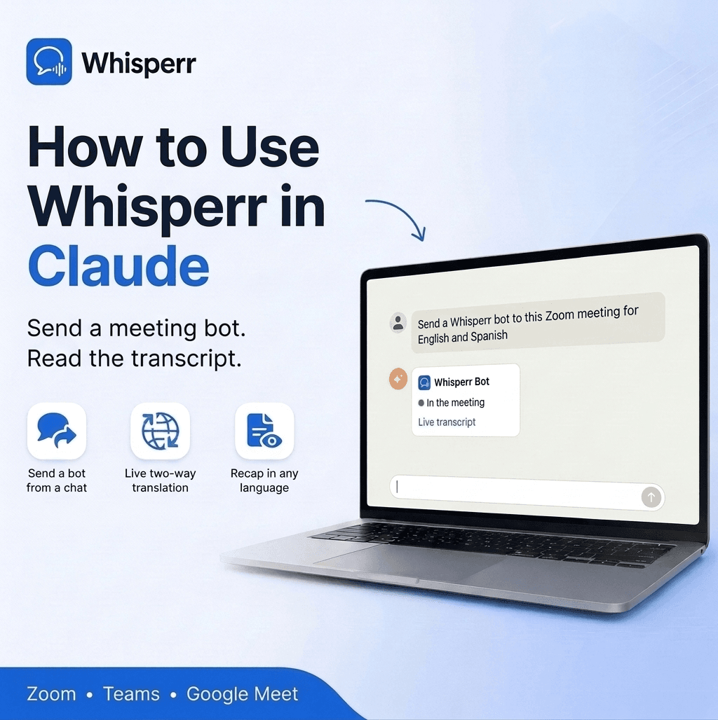 Whisperr hero banner: How to Use Whisperr in Claude, showing a chat where Claude sends a Whisperr meeting bot to a Zoom meeting
