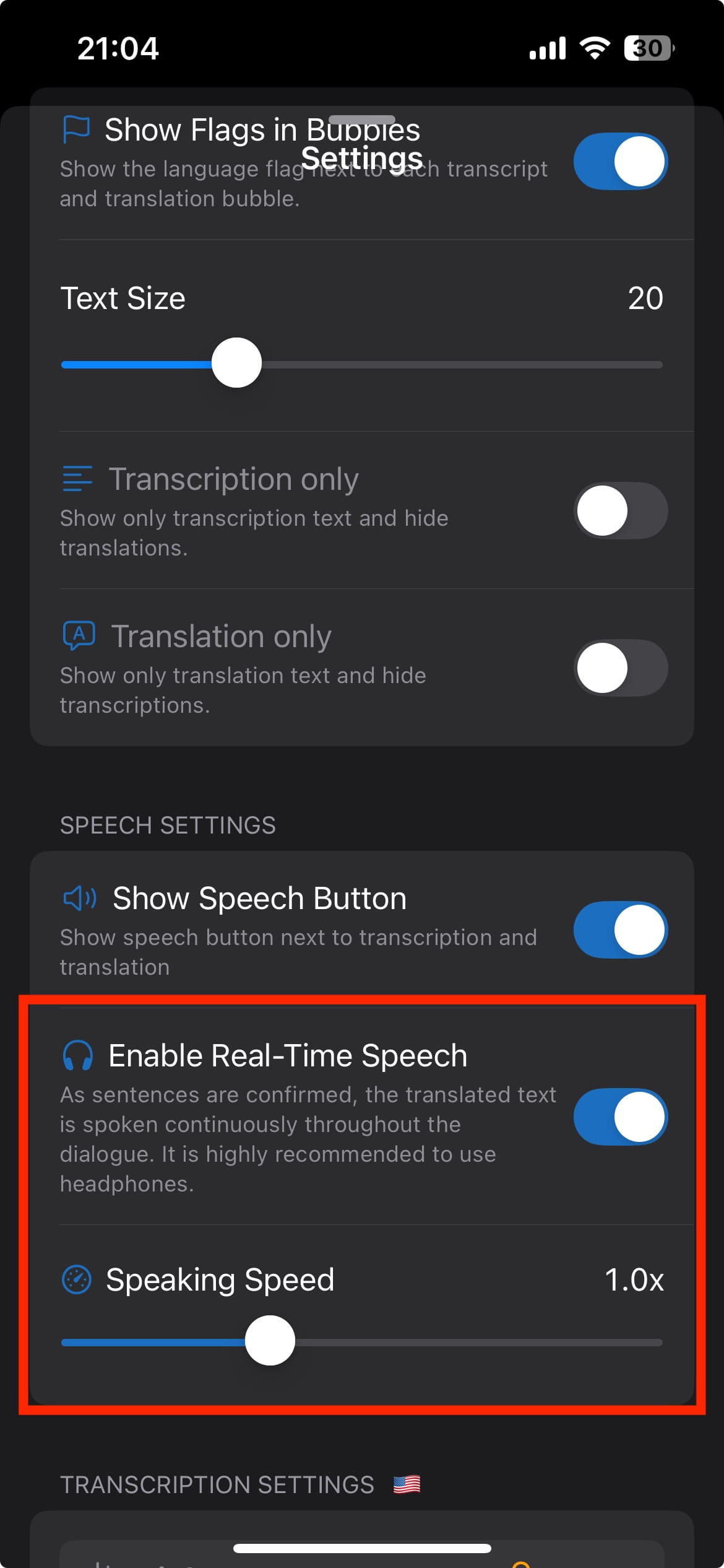 iPhone dark mode enable realtime speech setting.png