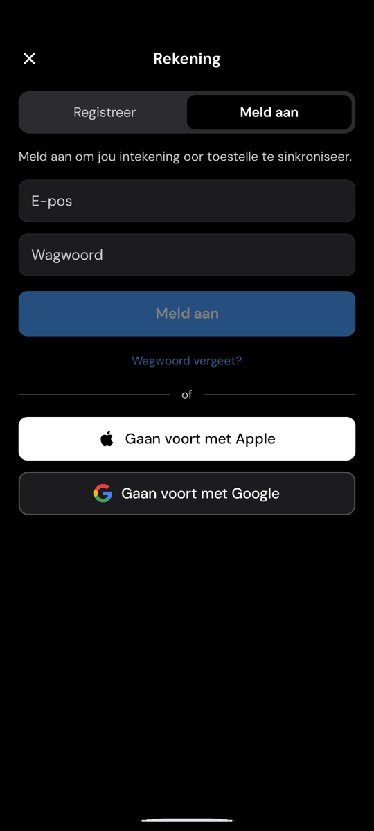 Die Whisperr-aanmeldskerm op Android, met die Wagwoord vergeet?-skakel onder die Meld aan-knoppie