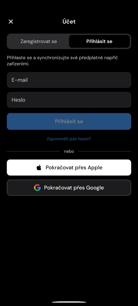 Přihlašovací obrazovka Whisperru v Androidu s odkazem „Zapomněli jste heslo?“ pod tlačítkem „Přihlásit se“