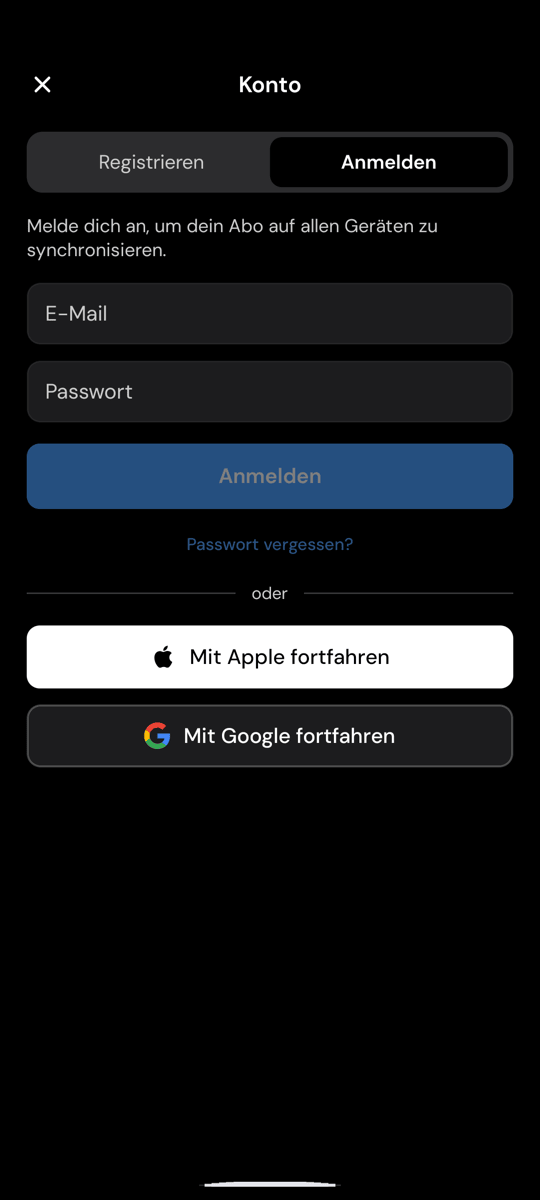 Der Anmeldebildschirm von Whisperr unter Android mit dem Link „Passwort vergessen?“ unter der Schaltfläche „Anmelden“