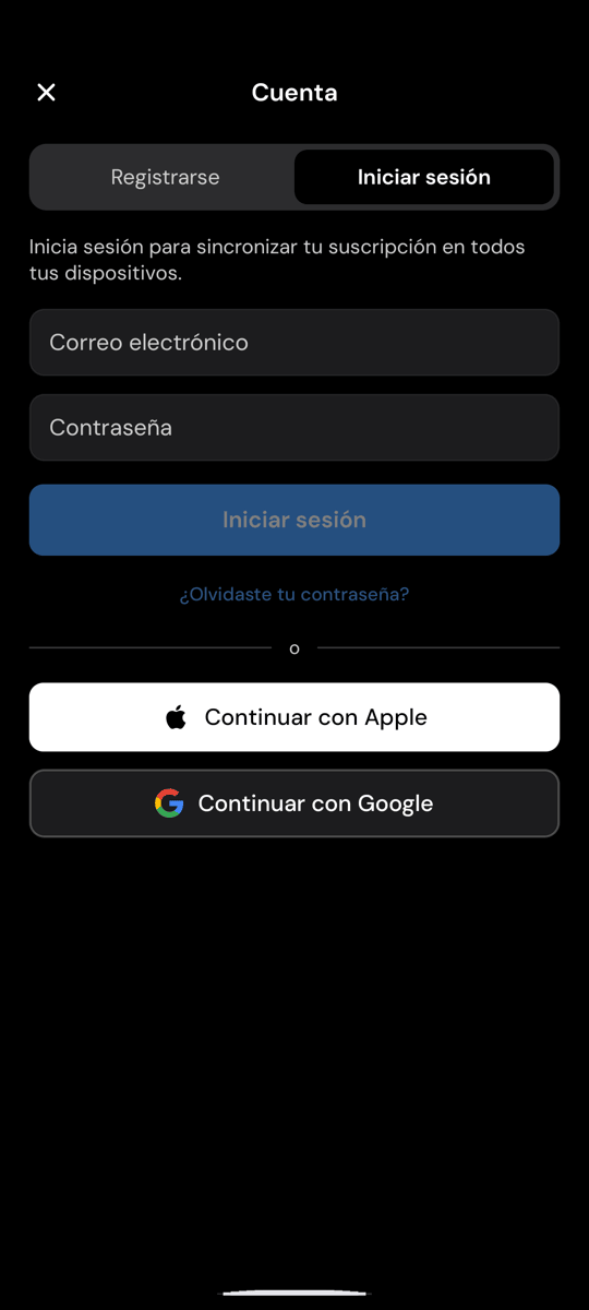 La pantalla de inicio de sesión de Whisperr en Android, con el enlace «¿Has olvidado tu contraseña?» debajo del botón «Iniciar sesión»