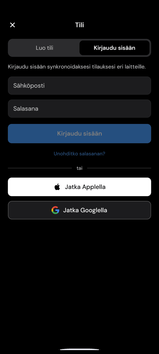 Whisperrin kirjautumisnäkymä Androidilla, jossa Unohditko salasanan? -linkki on Kirjaudu sisään -painikkeen alapuolella