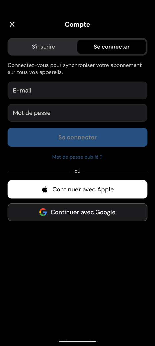 L'écran de connexion Whisperr sur Android, avec le lien Mot de passe oublié ? sous le bouton Se connecter
