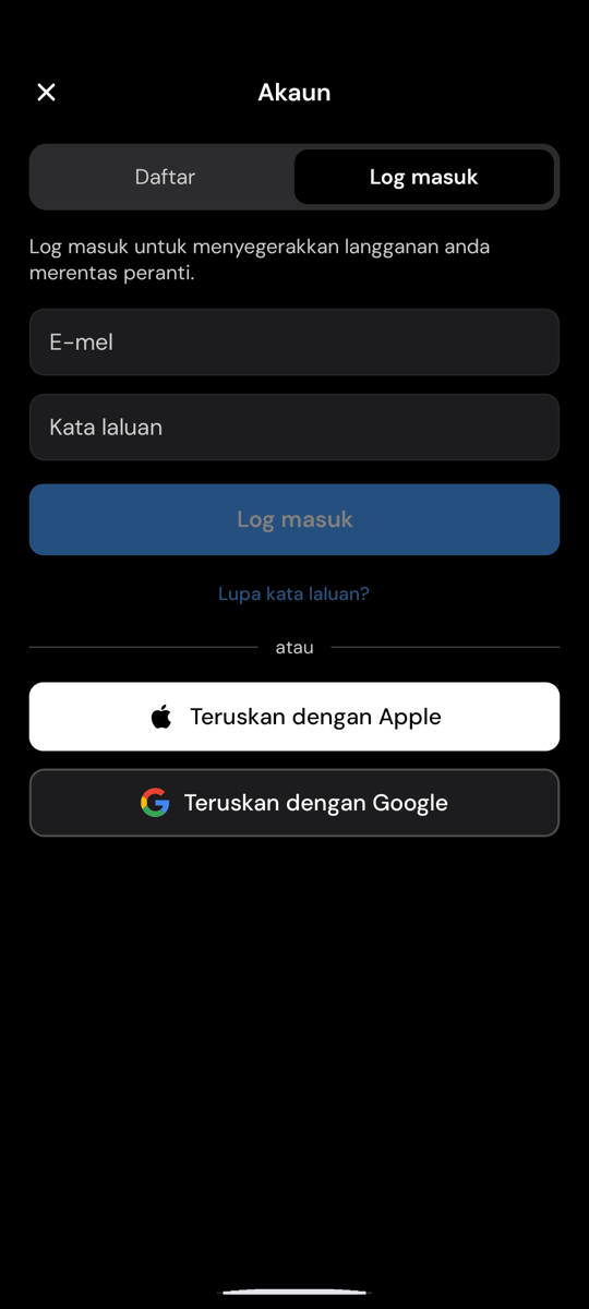 Skrin Log masuk Whisperr pada Android, dengan pautan Lupa kata laluan? di bawah butang Log masuk