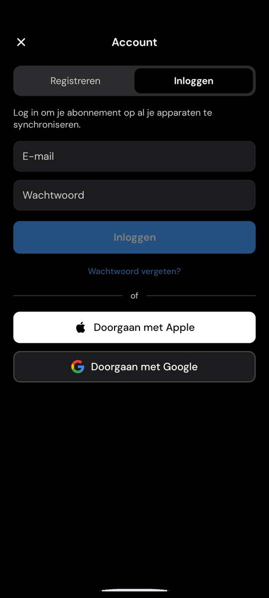 Het inlogscherm van Whisperr op Android, met de link Wachtwoord vergeten? onder de knop Inloggen
