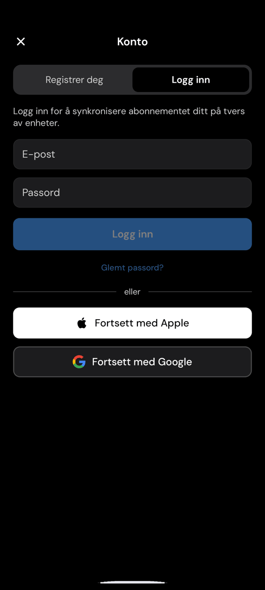 Innloggingsskjermen i Whisperr på Android, med lenken Glemt passord? under Logg inn-knappen