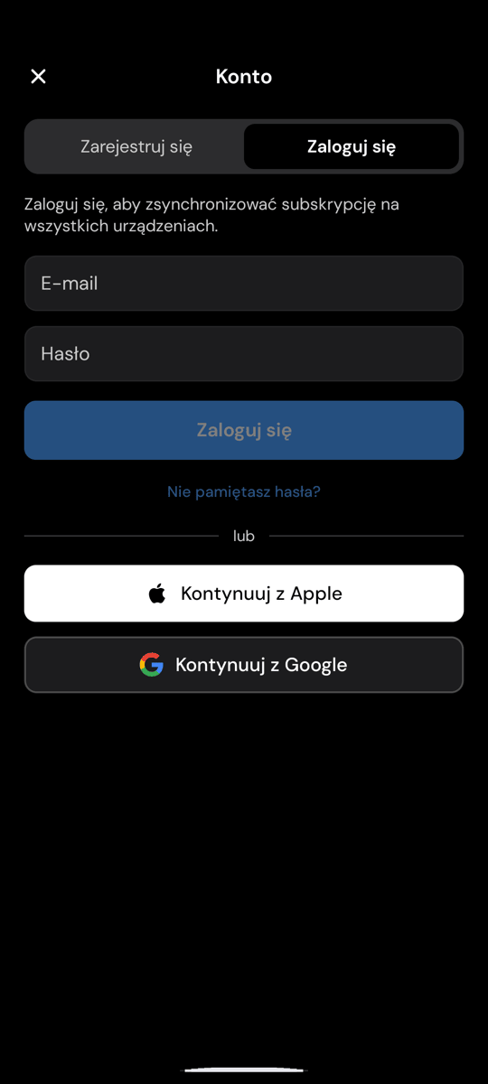 Ekran logowania Whisperr na Androidzie, z linkiem Nie pamiętasz hasła? pod przyciskiem Zaloguj się