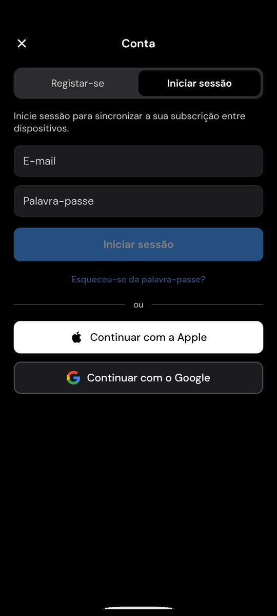 A tela de login do Whisperr no Android, com o link Esqueceu-se da palavra-passe? abaixo do botão Iniciar sessão