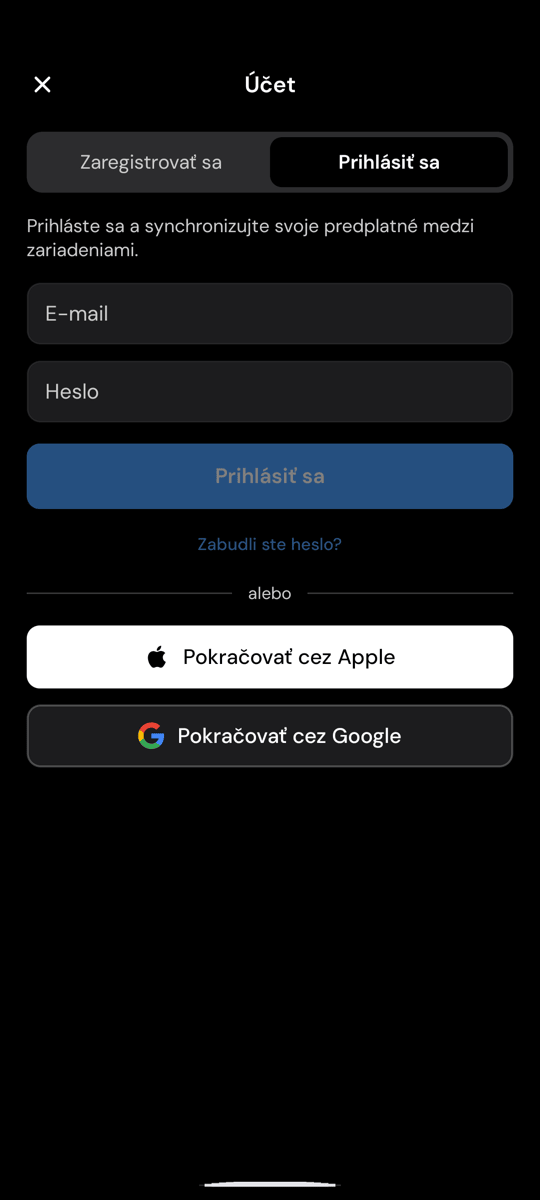Prihlasovacia obrazovka Whisperr v Androide s odkazom „Zabudli ste heslo?“ pod prihlasovacím tlačidlom