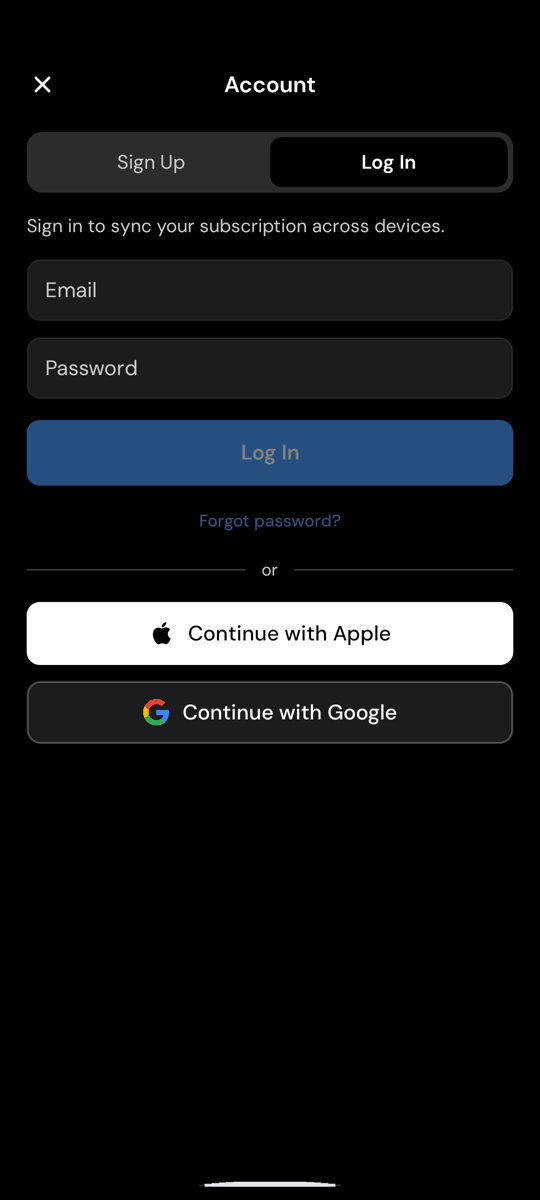 Prijavni zaslon Whisperr v Androidu s povezavo »Forgot password?« pod gumbom za prijavo