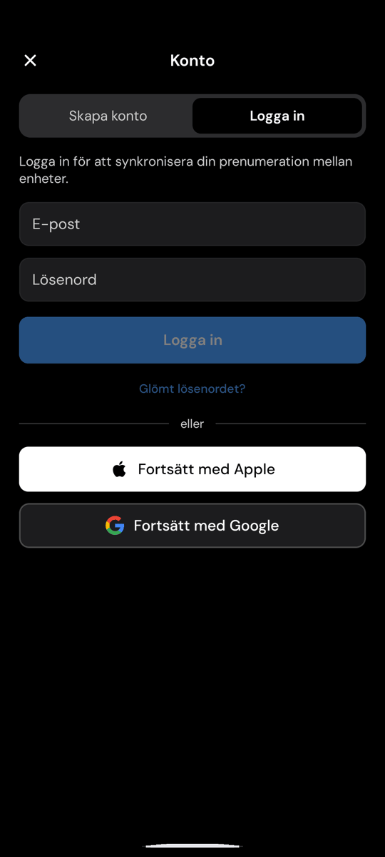Whisperrs inloggningsskärm på Android, med länken ”Glömt lösenordet?” under inloggningsknappen