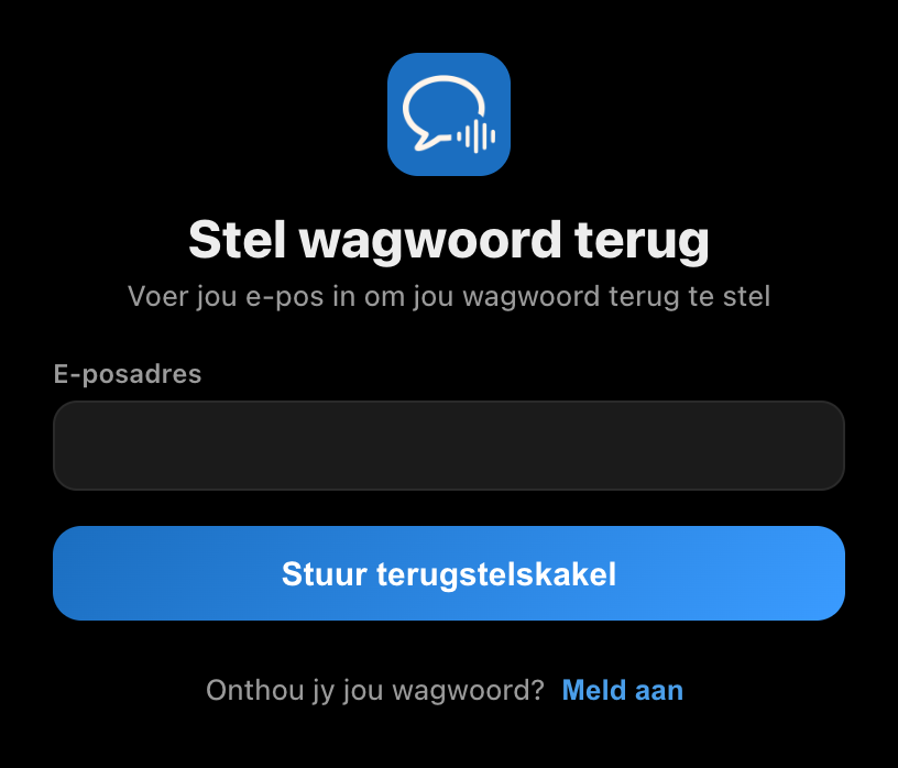 Die Stel wagwoord terug-skerm in die Whisperr-rekenaartoepassing, met 'n e-posveld en 'n Stuur terugstelskakel-knoppie