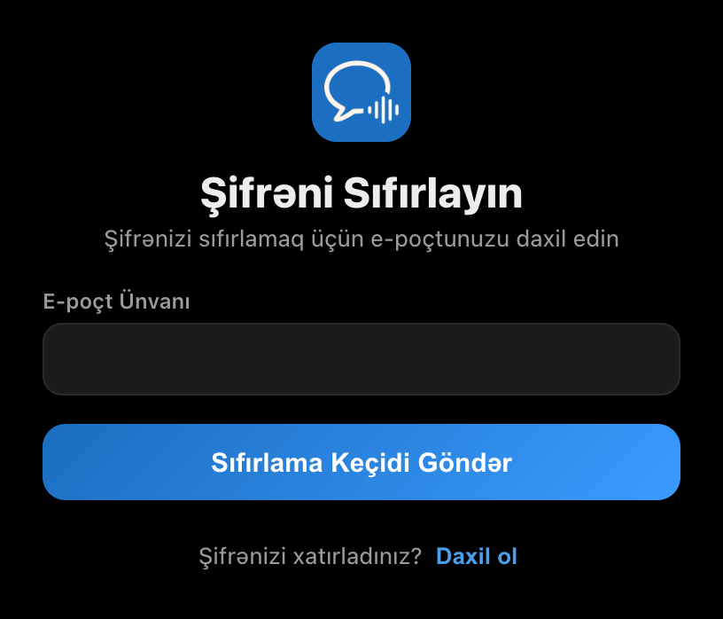 Whisperr masaüstü tətbiqindəki Şifrəni Sıfırlayın ekranı, e-poçt sahəsi və Sıfırlama Keçidi Göndər düyməsi ilə
