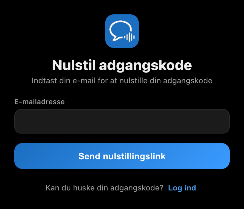 Skærmen til nulstilling af adgangskode i Whisperr-computerappen med et e-mailfelt og knappen „Send nulstillingslink“