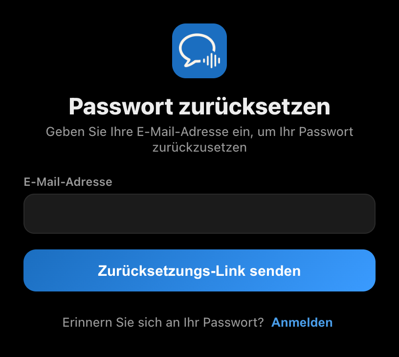 Der Bildschirm zum Zurücksetzen des Passworts in der Whisperr-Desktop-App mit einem E-Mail-Feld und der Schaltfläche „Zurücksetzungs-Link senden“