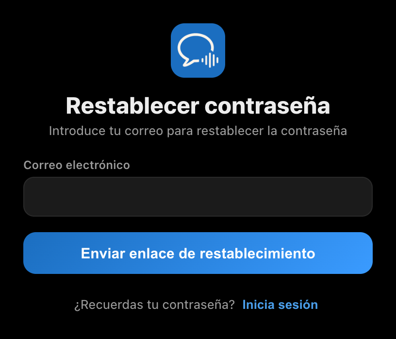La pantalla de restablecimiento de contraseña en la app de escritorio de Whisperr, con un campo de correo y el botón «Enviar enlace de restablecimiento»