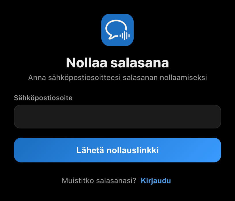 Salasanan nollausnäkymä Whisperrin työpöytäsovelluksessa, jossa on sähköpostikenttä ja Lähetä nollauslinkki -painike