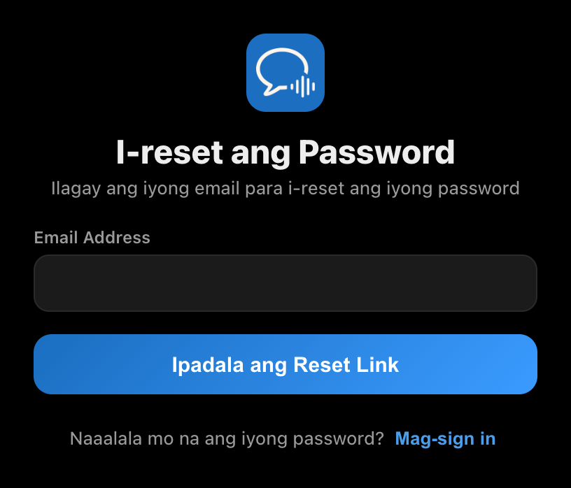 Ang screen para sa pag-reset ng password sa Whisperr desktop app, may email field at button na Ipadala ang Reset Link