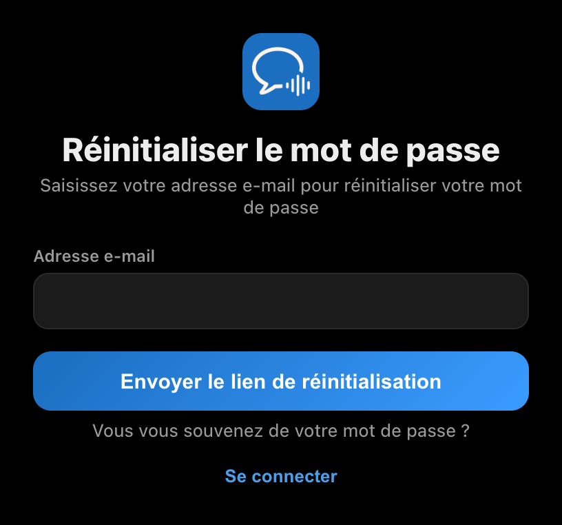 L'écran de réinitialisation du mot de passe dans l'application de bureau Whisperr, avec un champ e-mail et un bouton Envoyer le lien de réinitialisation