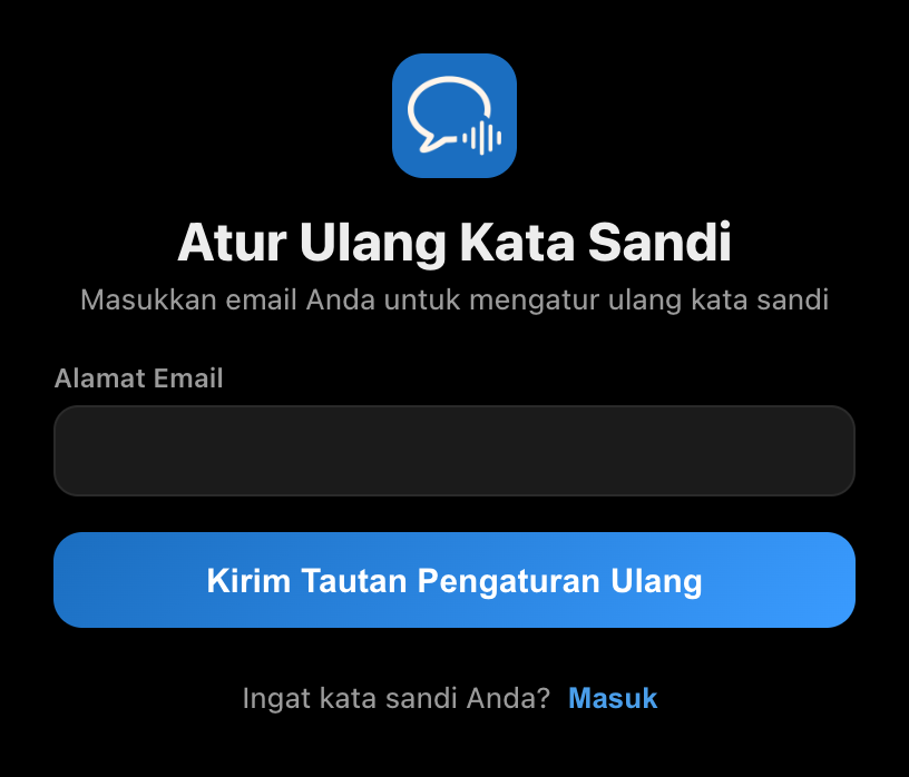 Layar Atur Ulang Kata Sandi di aplikasi desktop Whisperr, dengan kolom email dan tombol Kirim Tautan Pengaturan Ulang