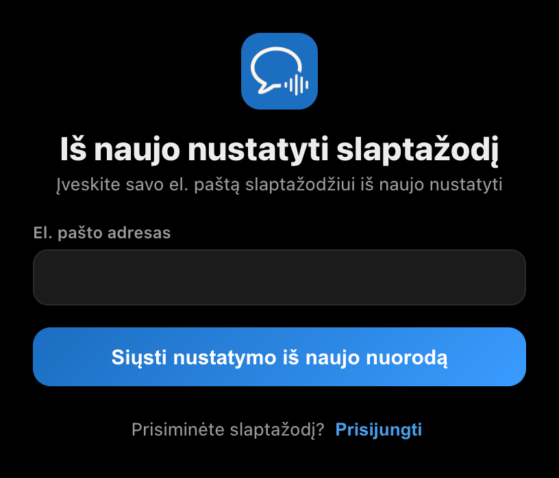Slaptažodžio nustatymo iš naujo ekranas „Whisperr“ kompiuterio programoje su el. pašto lauku ir mygtuku Siųsti nustatymo iš naujo nuorodą