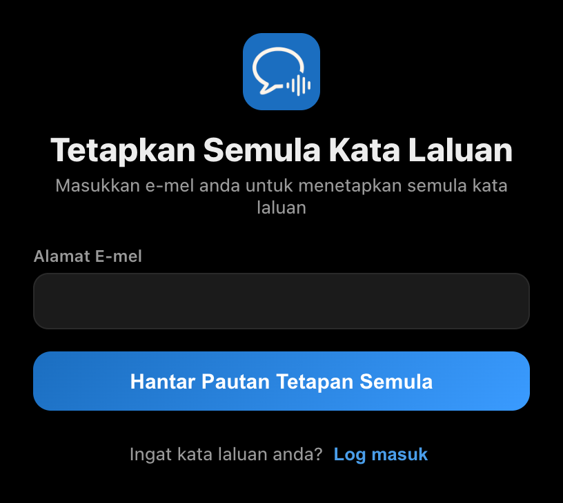 Skrin Tetapkan Semula Kata Laluan dalam aplikasi desktop Whisperr, dengan medan e-mel dan butang Hantar Pautan Tetapan Semula