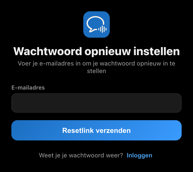 Het scherm Wachtwoord opnieuw instellen in de Whisperr-desktopapp, met een e-mailveld en de knop Resetlink verzenden