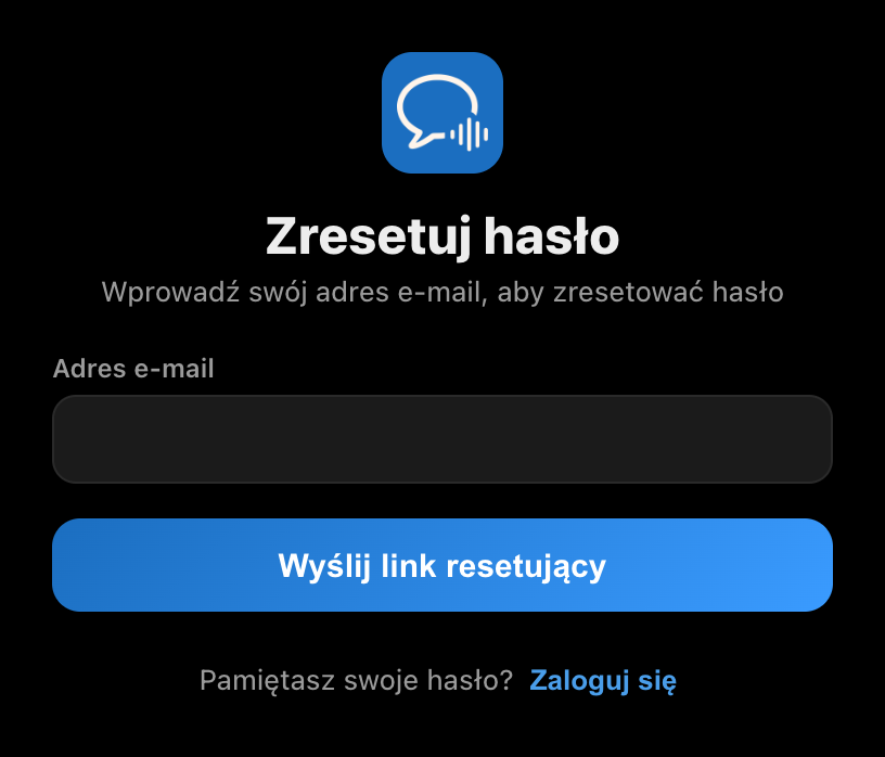 Ekran Zresetuj hasło w aplikacji Whisperr na komputer, z polem adresu e-mail i przyciskiem Wyślij link resetujący