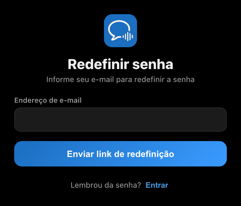 A tela Redefinir senha no aplicativo do Whisperr para computador, com um campo de e-mail e um botão Enviar link de redefinição