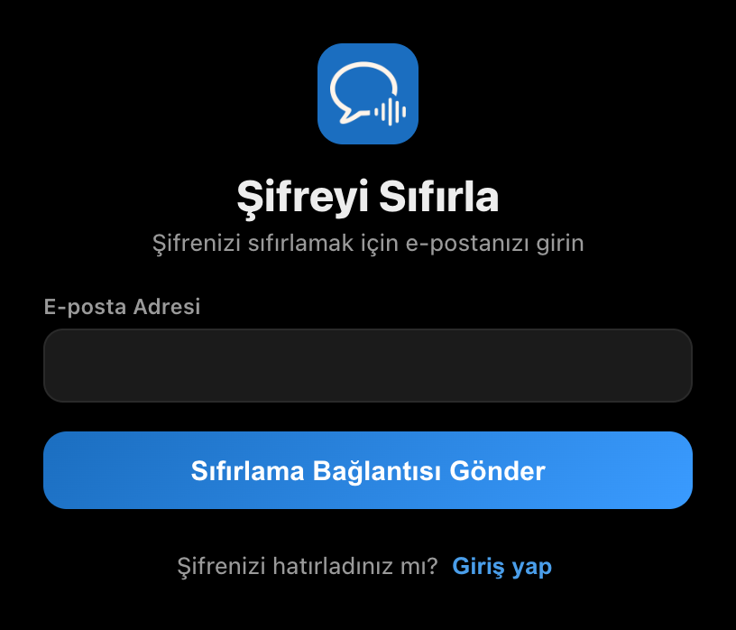 Whisperr masaüstü uygulamasındaki şifre sıfırlama ekranı; bir e-posta alanı ve Sıfırlama Bağlantısı Gönder düğmesi görünüyor