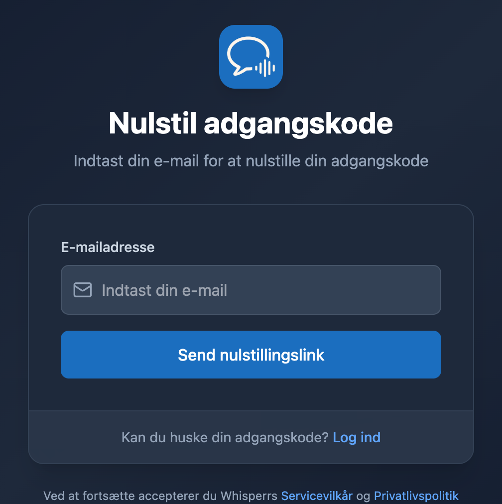 Skærmen til nulstilling af adgangskode i Whisperr-webappen med et e-mailfelt og knappen „Send nulstillingslink“