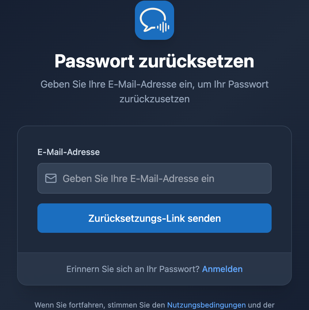 Der Bildschirm zum Zurücksetzen des Passworts in der Whisperr Web-App mit einem E-Mail-Feld und der Schaltfläche „Zurücksetzungs-Link senden“