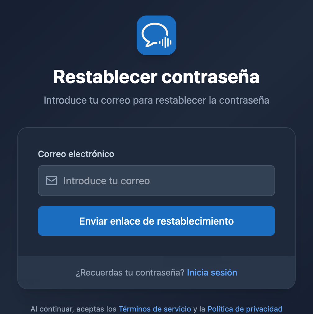 La pantalla de restablecimiento de contraseña en la app web de Whisperr, con un campo de correo y el botón «Enviar enlace de restablecimiento»