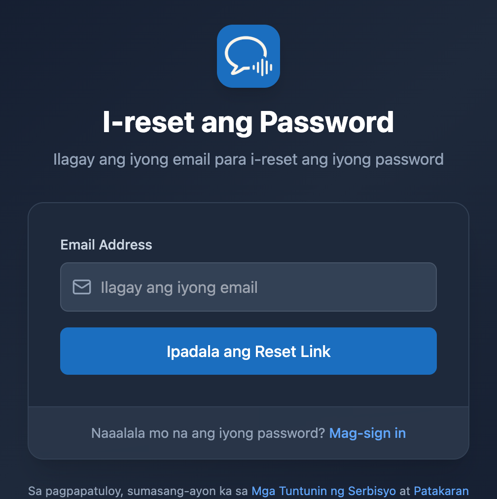 Ang screen para i-reset ang password sa Whisperr Web app, may email field at button na Ipadala ang Reset Link