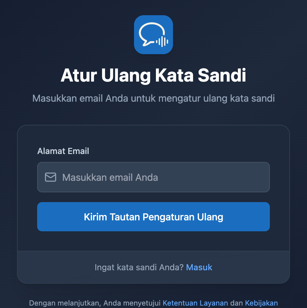 Layar Atur Ulang Kata Sandi di aplikasi Web Whisperr, dengan kolom email dan tombol Kirim Tautan Pengaturan Ulang