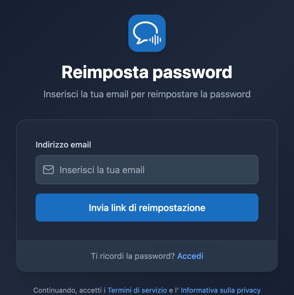 La schermata Reimposta password nell'app Web di Whisperr, con un campo email e il pulsante Invia link di reimpostazione