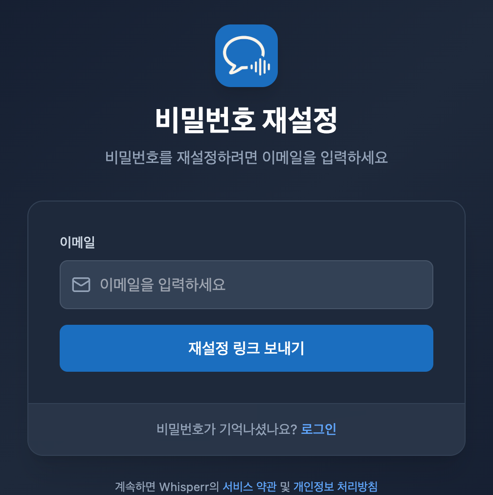 Whisperr Web 앱의 비밀번호 재설정 화면. 이메일 필드와 재설정 링크 보내기 버튼이 있습니다