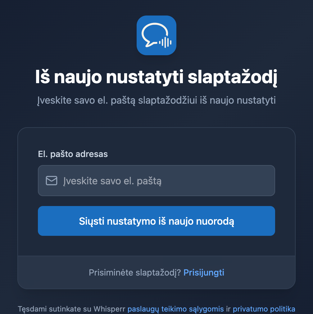 Slaptažodžio nustatymo iš naujo ekranas „Whisperr“ žiniatinklio programoje su el. pašto lauku ir mygtuku Siųsti nustatymo iš naujo nuorodą