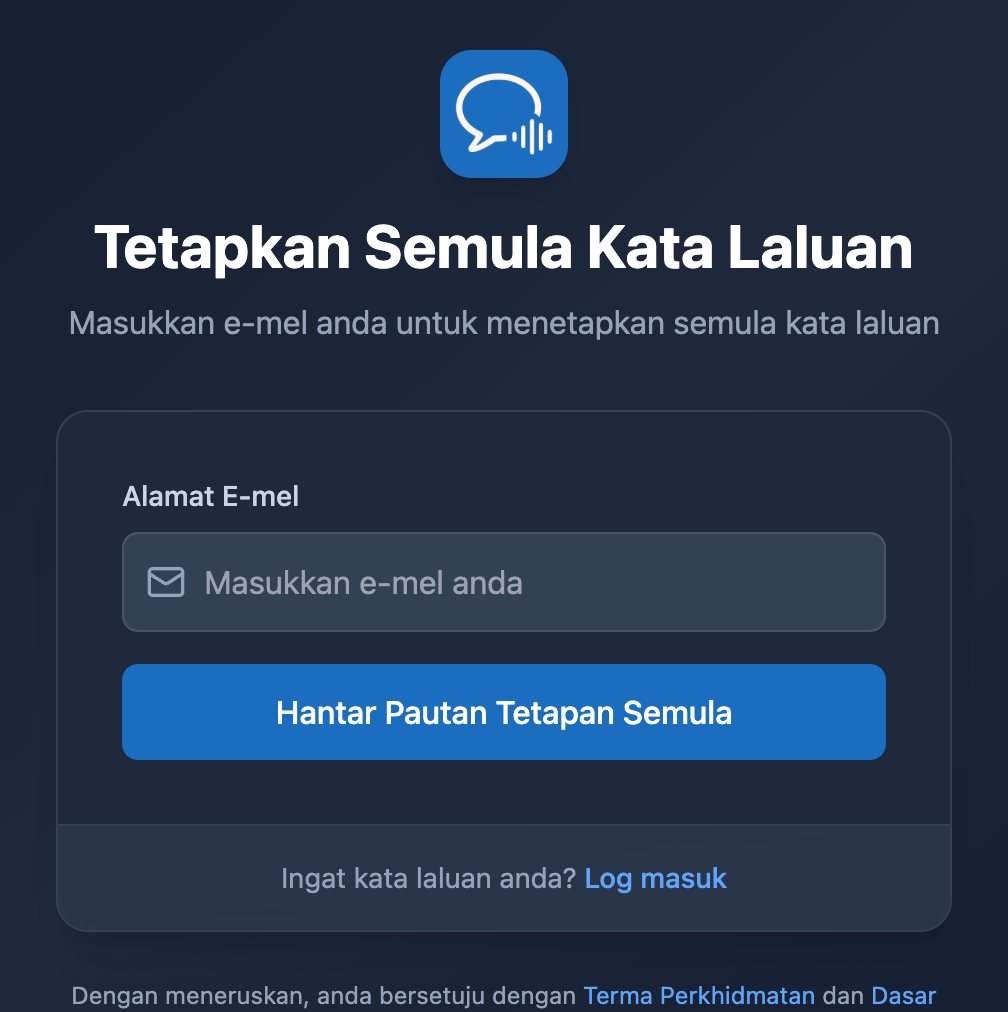 Skrin Tetapkan Semula Kata Laluan dalam aplikasi Web Whisperr, dengan medan e-mel dan butang Hantar Pautan Tetapan Semula