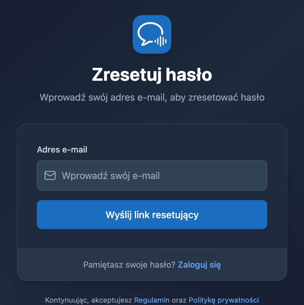 Ekran Zresetuj hasło w aplikacji webowej Whisperr, z polem adresu e-mail i przyciskiem Wyślij link resetujący