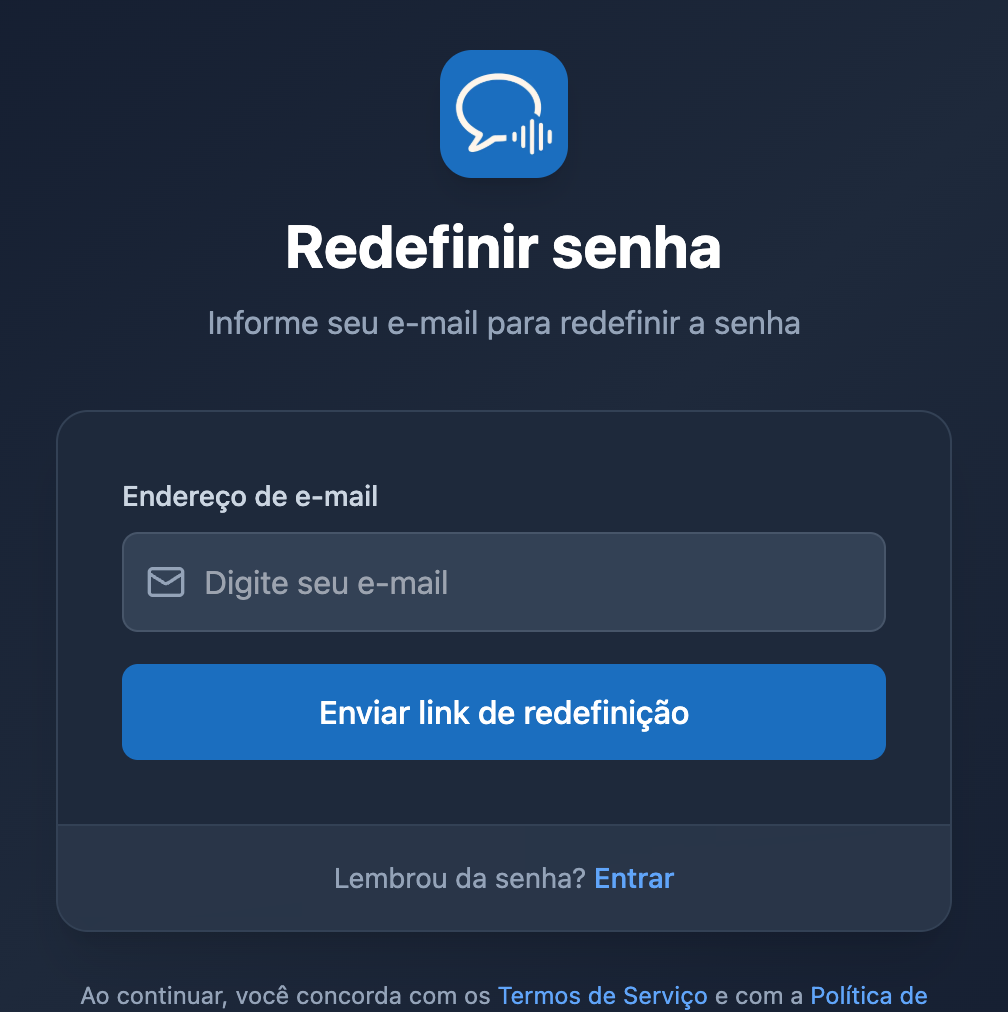 A tela Redefinir senha no aplicativo Web do Whisperr, com um campo de e-mail e um botão Enviar link de redefinição