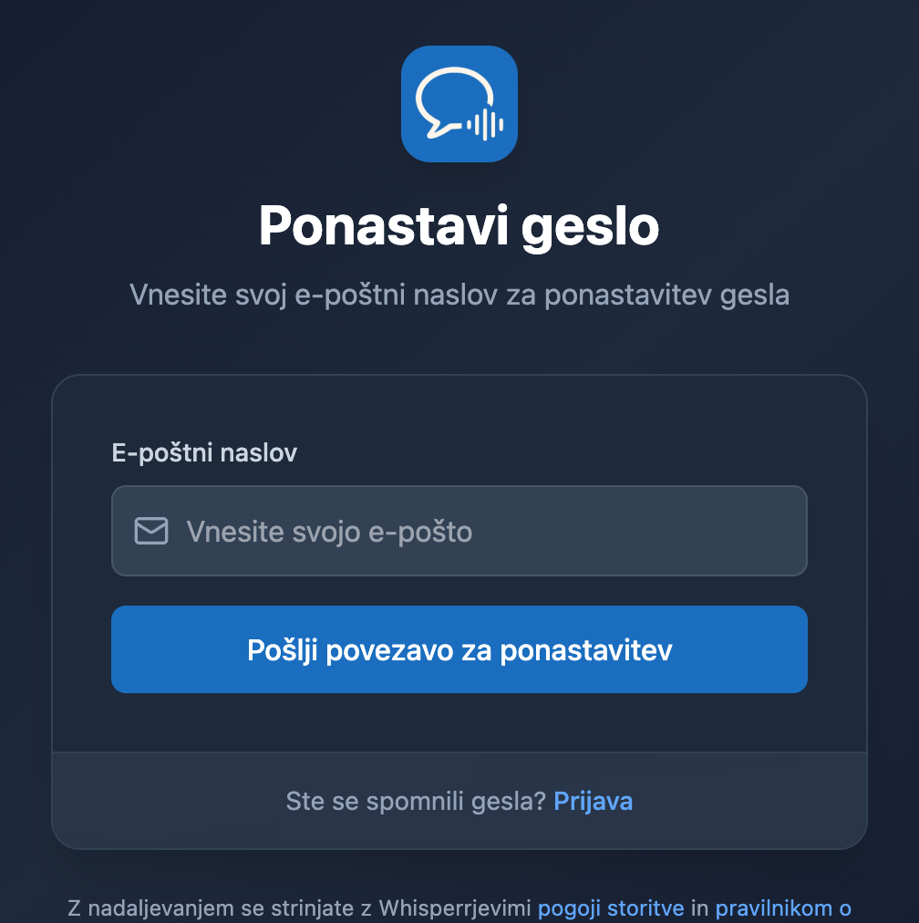 Zaslon za ponastavitev gesla v spletni aplikaciji Whisperr s poljem za e-pošto in gumbom »Pošlji povezavo za ponastavitev«