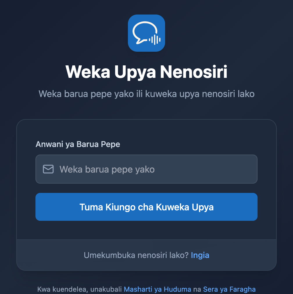 Skrini ya Weka Upya Nenosiri katika programu ya Wavuti ya Whisperr, ikiwa na sehemu ya barua pepe na kitufe cha Tuma Kiungo cha Kuweka Upya