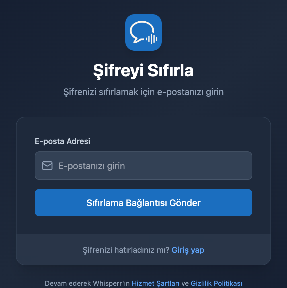 Whisperr Web uygulamasındaki Şifreyi Sıfırla ekranı; bir e-posta alanı ve Sıfırlama Bağlantısı Gönder düğmesi görünüyor